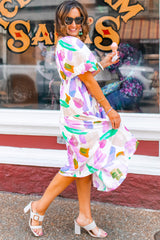 Purple Abstract Print Puff Sleeve Smocked Back Midi Dress Dresses JT's Designer Fashion