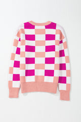 Pink Checkered Ribbed Edge O Neck Drop Shoulder Sweater Sweaters JT's Designer Fashion