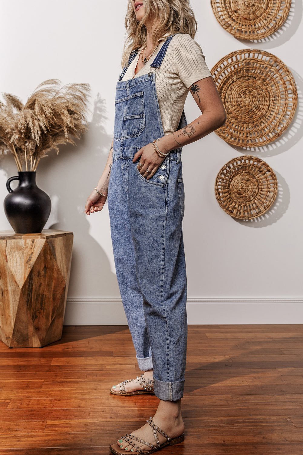 Sail Blue Denim Bib Straight Leg Jumpsuit with Pockets Jumpsuits & Rompers JT's Designer Fashion