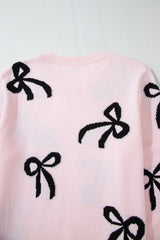 Light Pink Bow Pattern Knitted Loose Fit Sweater Sweaters JT's Designer Fashion