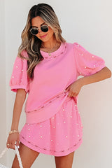 Pink Contrast Bow Trim Pearl Puff Sleeve Blouse and Skort 2pcs Set Short Sets JT's Designer Fashion