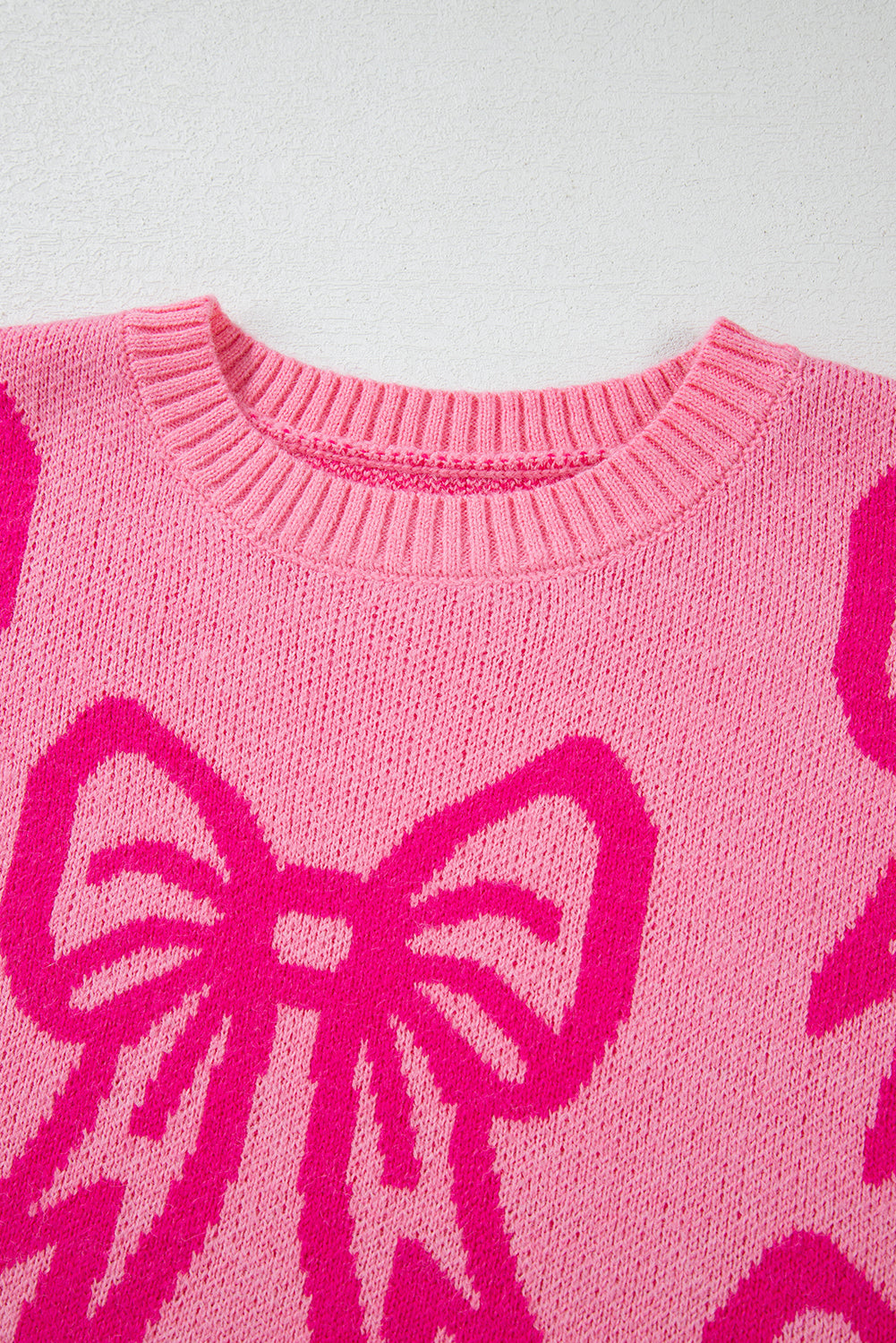 Pink Bow Pattern Drop Shoulder Loose Sweater Sweaters JT's Designer Fashion