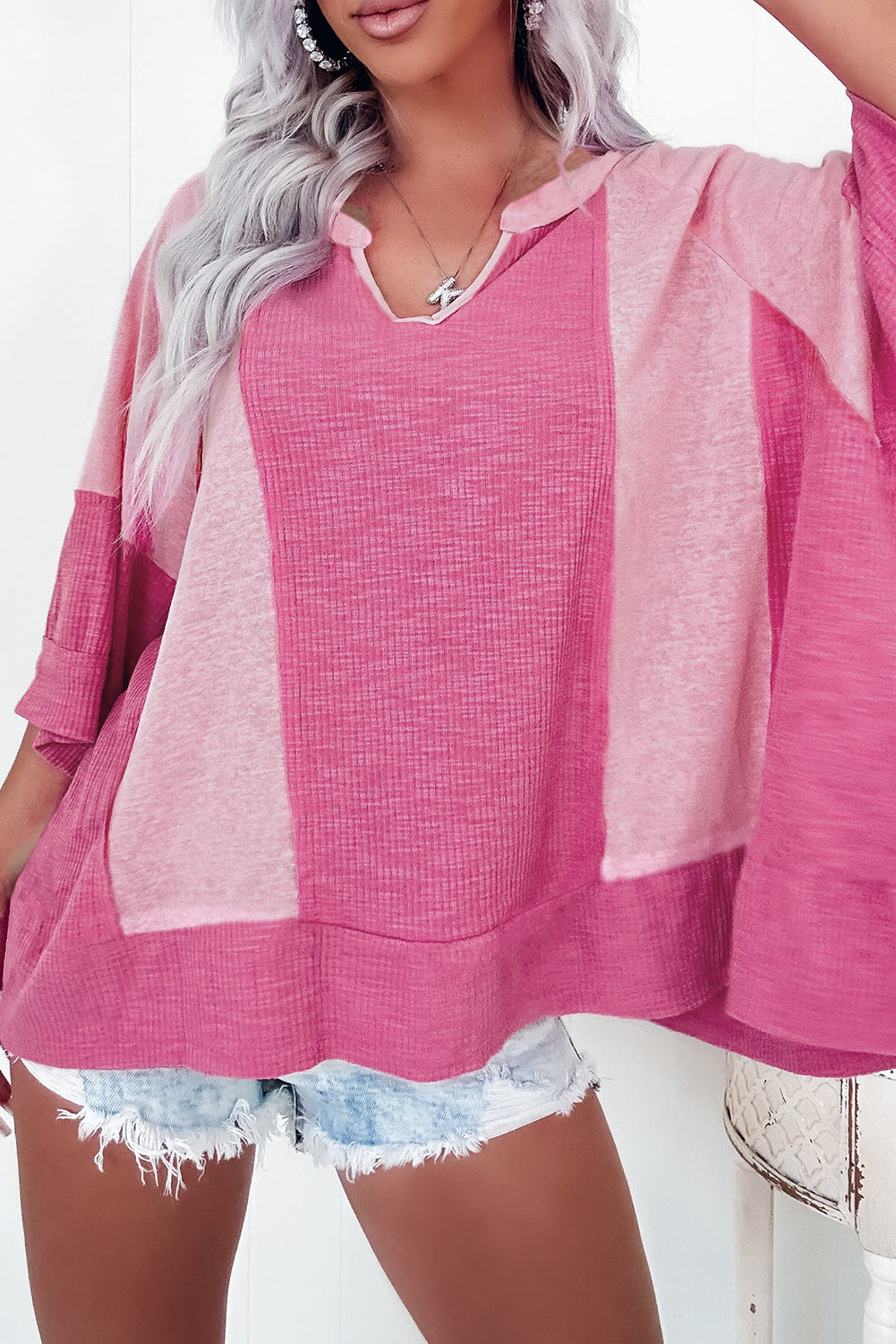 Bright Pink Textured Colorblock 3/4 Sleeve Oversize Top Long Sleeve Tops JT's Designer Fashion