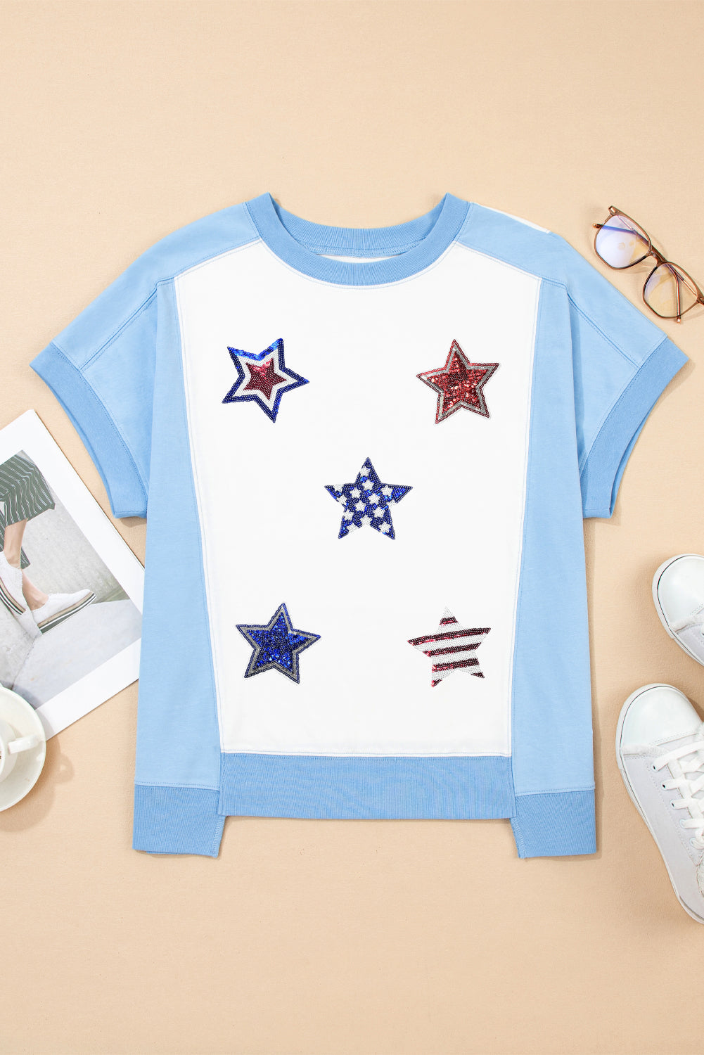 Sky Blue Patriotic Star Patched Colorblock T Shirt Graphic Tees JT's Designer Fashion