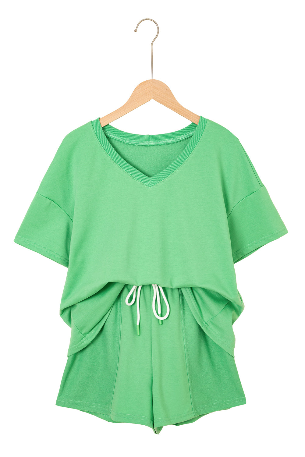 Mint Green V Neck Drop Shoulder Tee and Patchwork Drawstring Elastic Waistband Shorts Set Short Sets JT's Designer Fashion