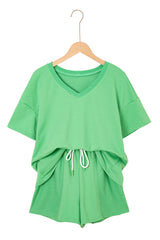 Mint Green V Neck Drop Shoulder Tee and Patchwork Drawstring Elastic Waistband Shorts Set Short Sets JT's Designer Fashion