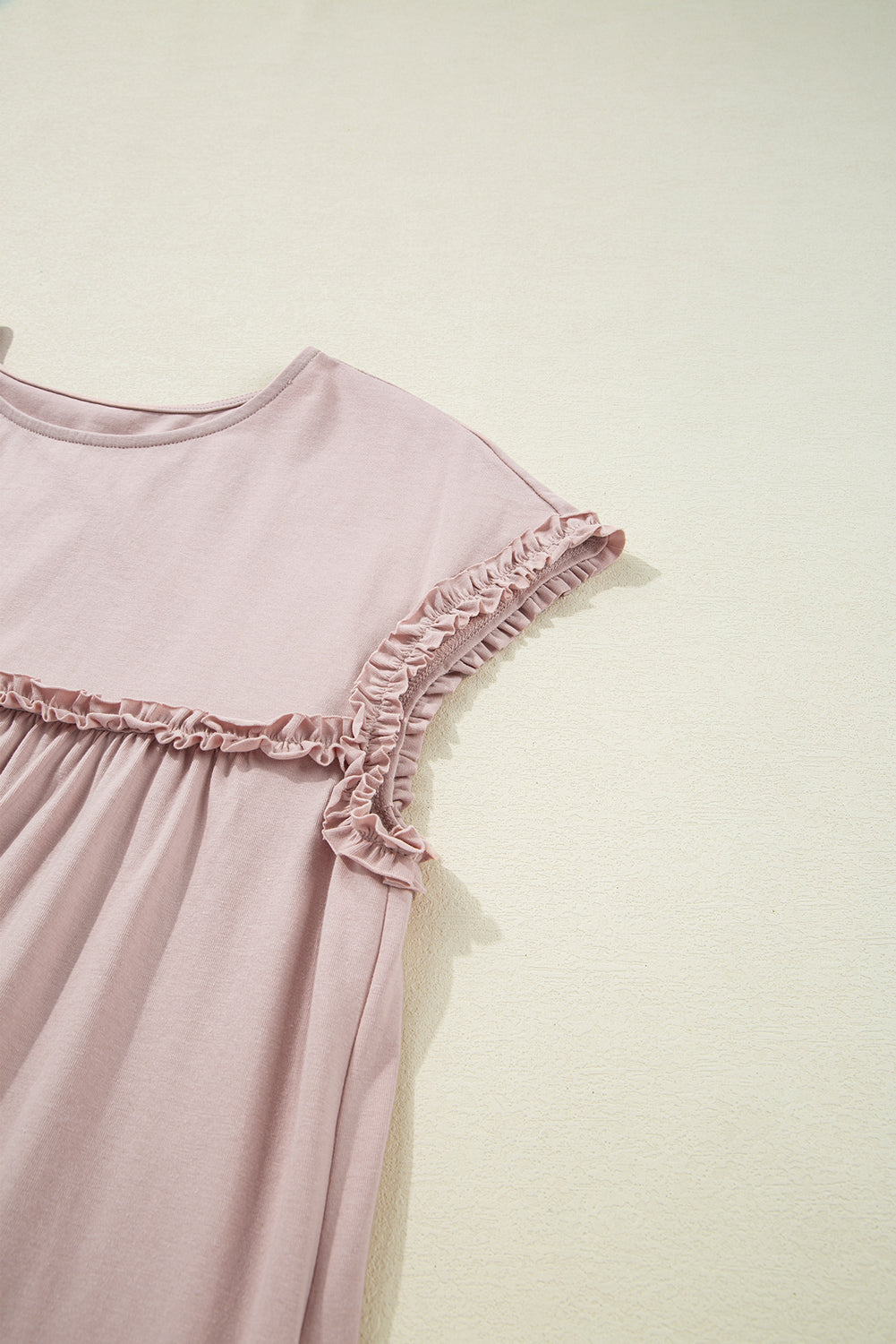 Oatmeal Frilled Trim Crew Neck Loose Fit Mini Dress Mini Dresses JT's Designer Fashion