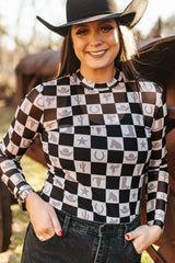 Black Checkerboard Western Elements Printed Mesh Long Sleeve Top Long Sleeve Tops JT's Designer Fashion