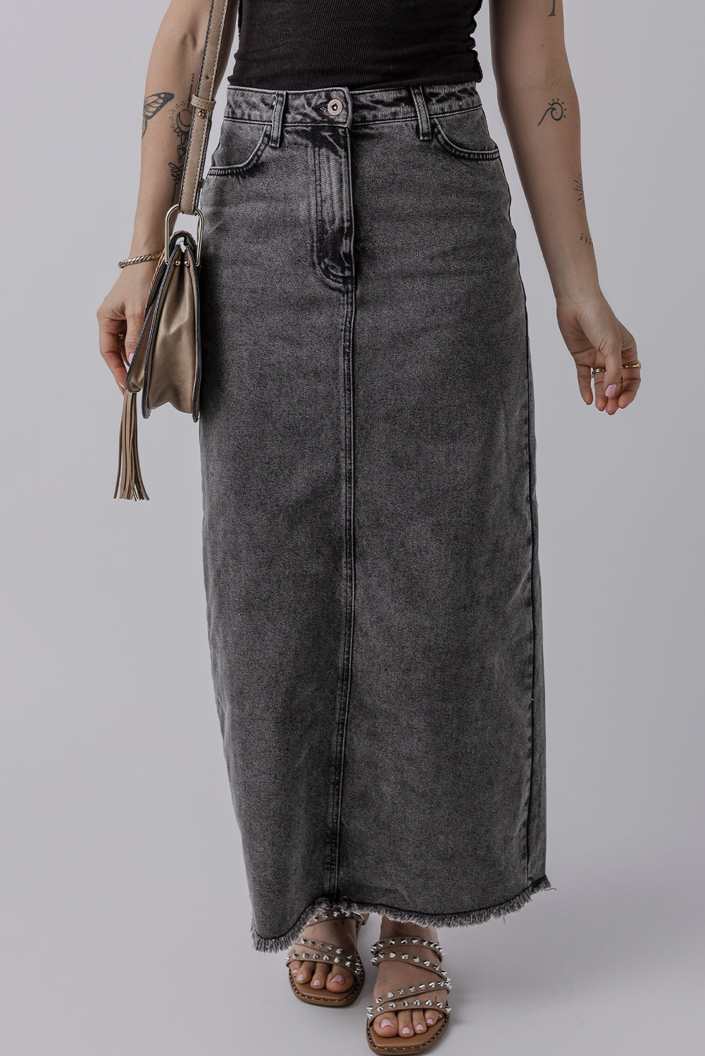 Dark Grey Denim Raw Hem Back Split High Waist Long Skirt Skirts & Petticoat JT's Designer Fashion