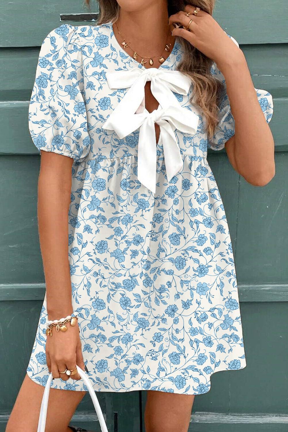 Sky Blue Floral Contrast Bow Puff Sleeve Mini Dress Sky Blue 100%Polyester Mini Dresses JT's Designer Fashion