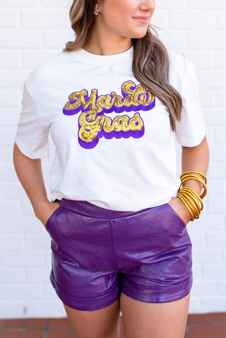 White Mardi Gras Sequin Graphic T-shirt Graphic Tees JT's Designer Fashion