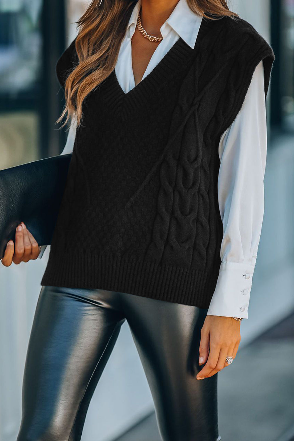 Black V-Neck Twist Knitted Vest Sweater Sweaters & Cardigans JT's Designer Fashion