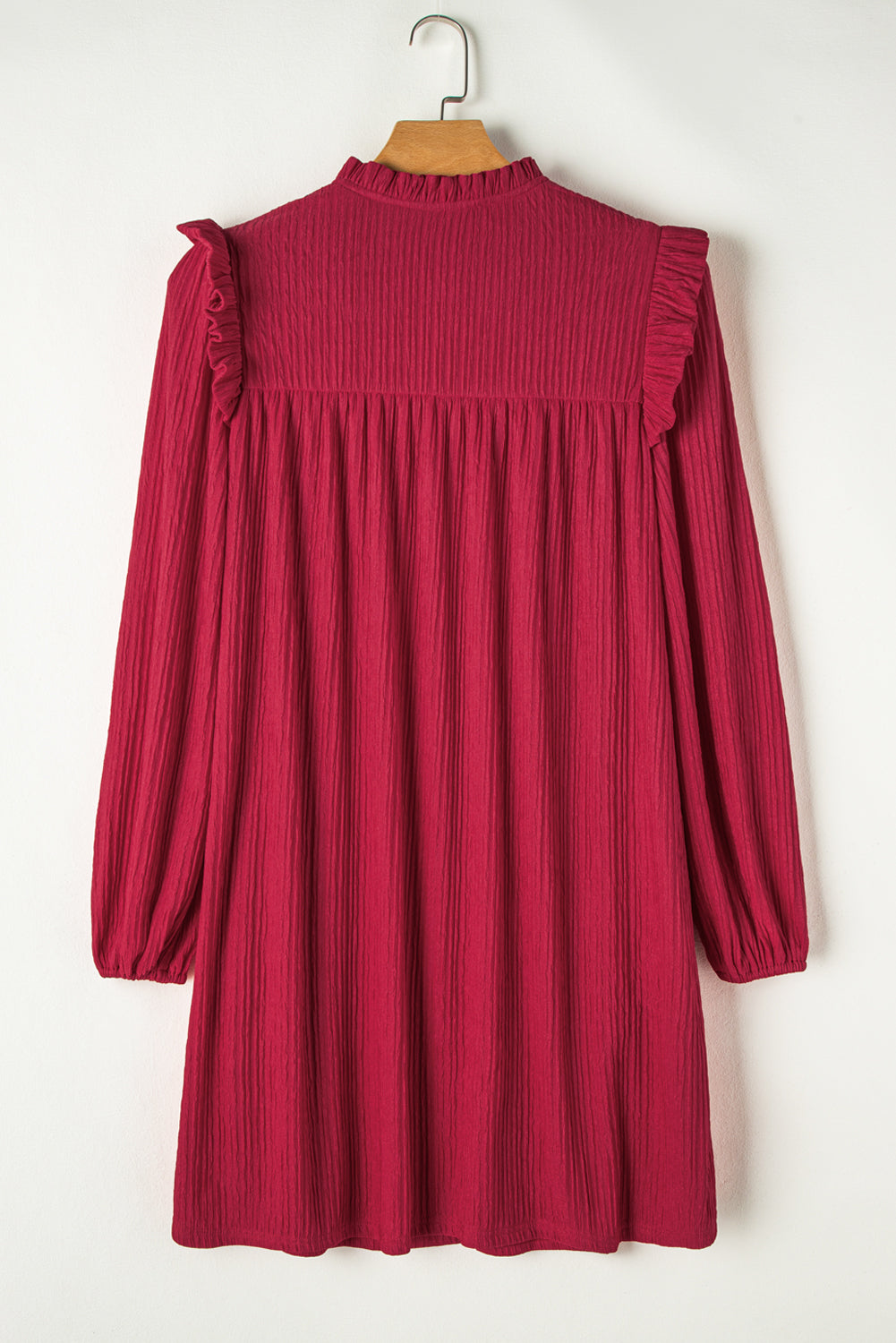 Fiery Red Textured Ruffled Trim V Neck Loose Fit Mini Dress Mini Dresses JT's Designer Fashion