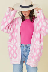 Pink Rhombus Pattern Knit Open Front Pocketed Cardigans Cardigans JT's Designer Fashion