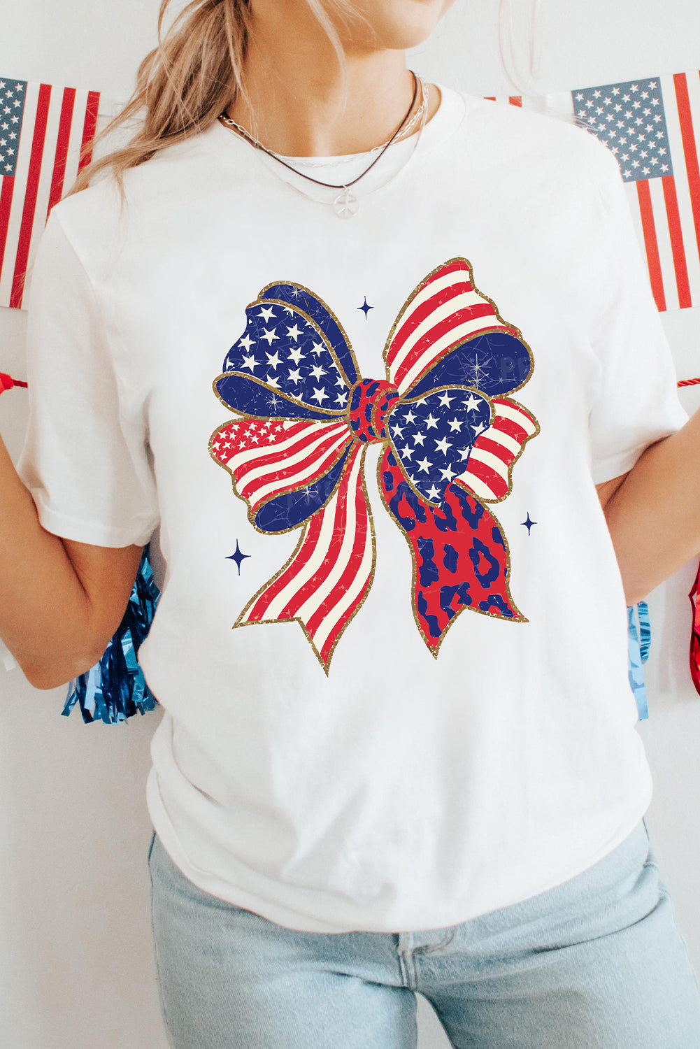 White Stars and Stripes Bow Print 4th of July T Shirt Graphic Tees JT's Designer Fashion