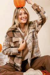 Light French Beige Flannel Plaid Double Flap Pocket Shacket Plaid Shackets JT's Designer Fashion