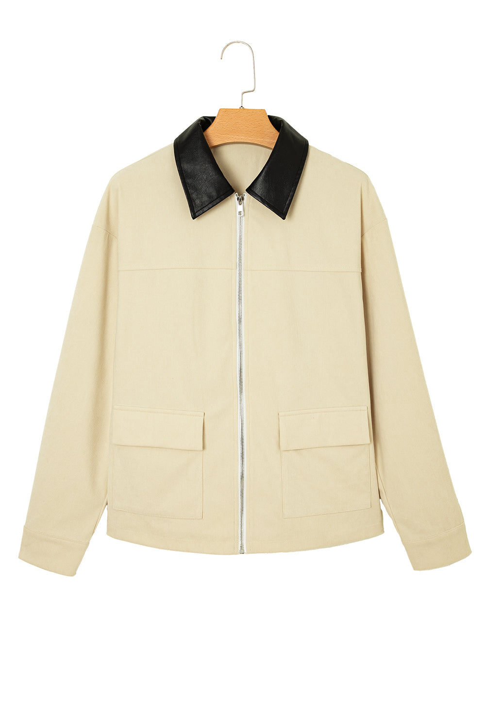 Parchment Contrast Leather Collar Textured Zip Up Jacket Jackets JT's Designer Fashion