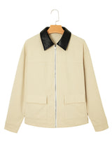 Parchment Contrast Leather Collar Textured Zip Up Jacket Jackets JT's Designer Fashion