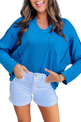 Blue Ribbed Exposed Seam Knit V Neck Long Sleeve Top Long Sleeve Tops JT's Designer Fashion
