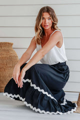 Black Ricrac Trim Colorblock High Waist Long Skirt Bottoms JT's Designer Fashion