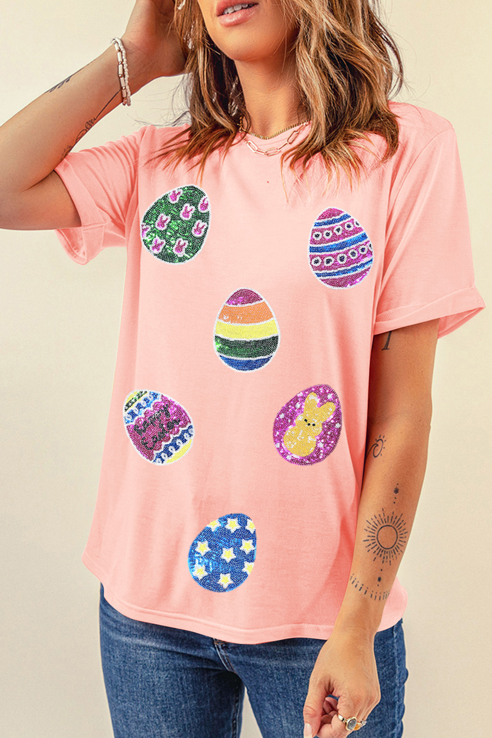 Pink Sequin Easter Eggs Graphic Crewneck T Shirt Graphic Tees JT's Designer Fashion