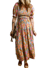Yellow Smocked Bodice High Waist Puff Sleeve Floral Dress Floral Dresses JT's Designer Fashion