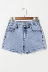 Beau Blue Rhinestone Light Wash Raw Hem High Waist Denim Shorts Denim Shorts JT's Designer Fashion