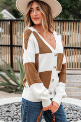 Khaki Checkered Pattern Ribbed Detail Button V Neck Sweater Cardigan Cardigans JT's Designer Fashion