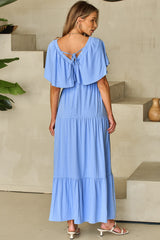 Sky Blue Textured V Neck Flutter Sleeve Ruffled Long Dress Maxi Dresses JT's Designer Fashion