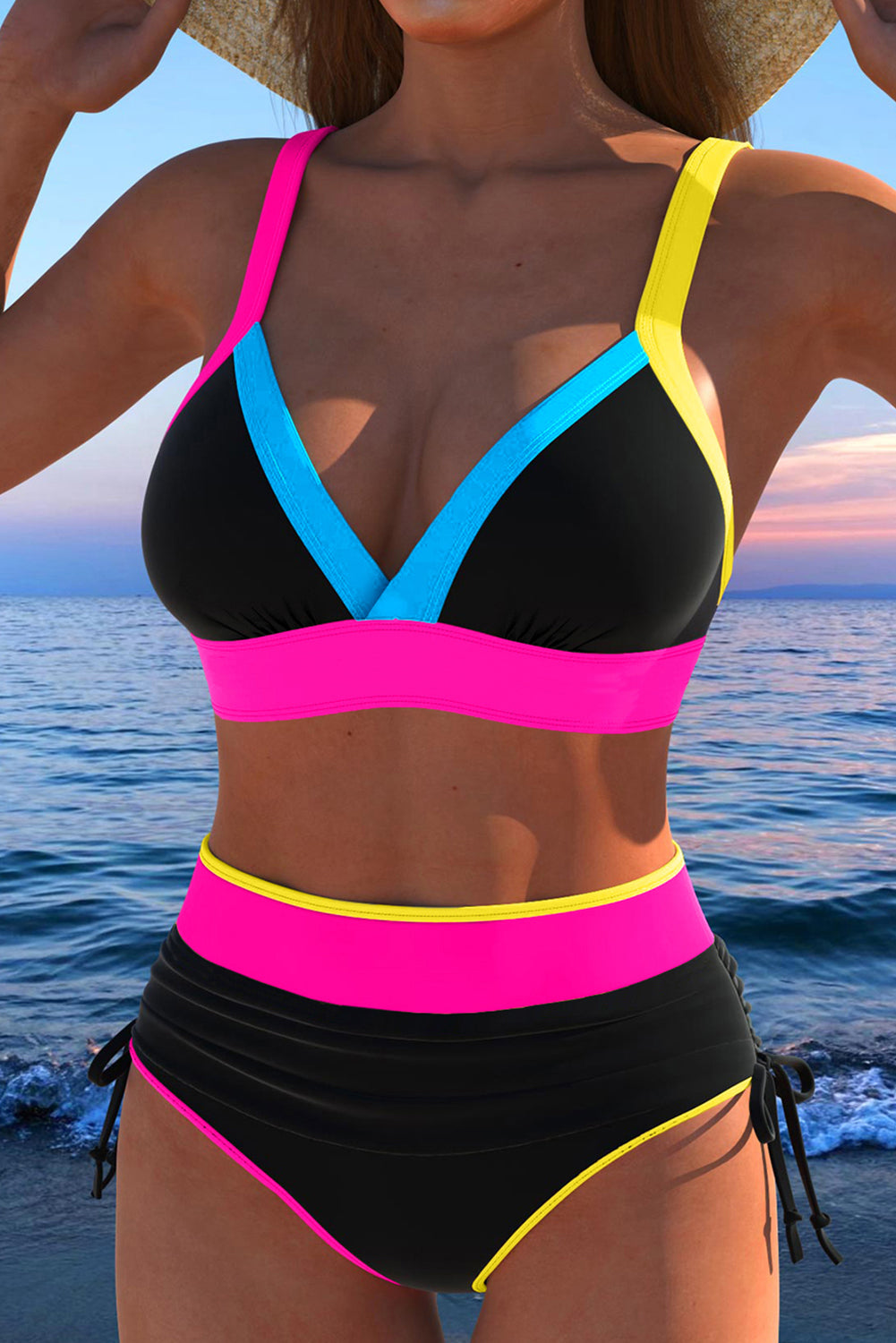 Black Color Block Drawstring Side V Neck High Waist Bikini Set Bikinis JT's Designer Fashion
