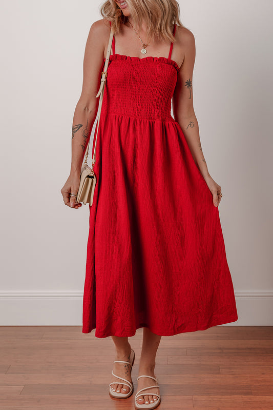 Racing Red Textured Shirred Ruffled Trim Spaghetti Strap Midi Dress Midi Dresses JT's Designer Fashion