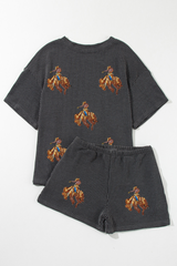 Carbon Grey Western Rodeo Graphic Patched 3D Ribbed Short 2pcs Outfit Graphic Sets JT's Designer Fashion