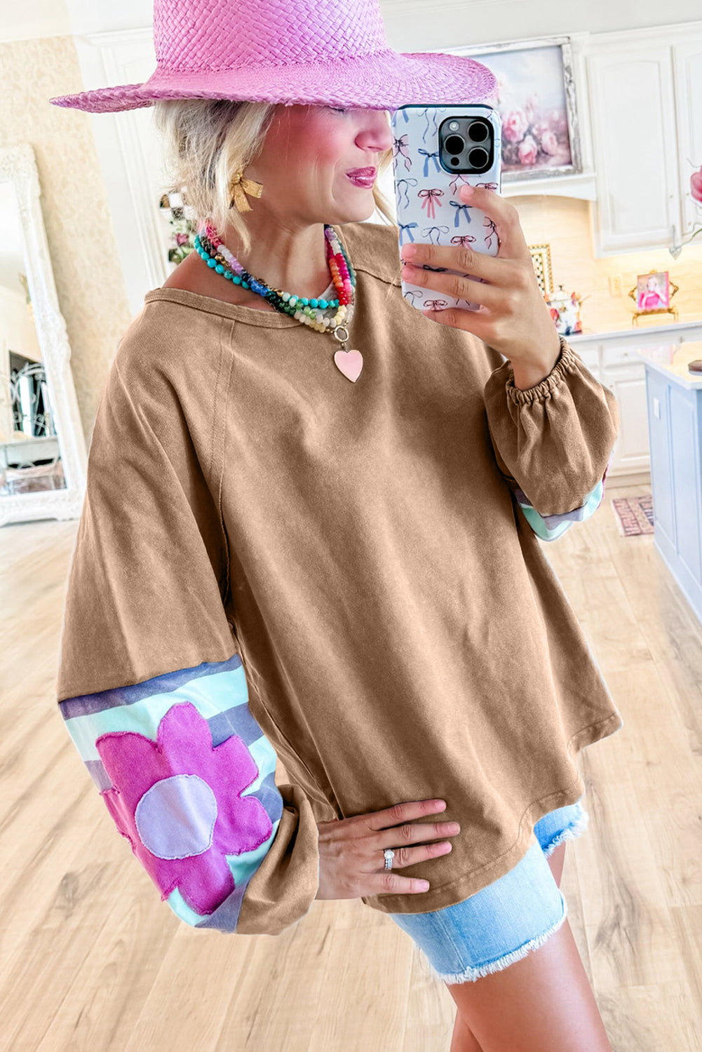 Dune Flower Patchwork Raglan Sleeve Exposed Seam Oversized Top Long Sleeve Tops JT's Designer Fashion