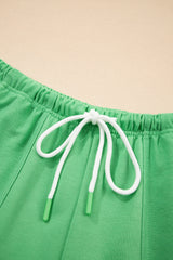 Mint Green V Neck Drop Shoulder Tee and Patchwork Drawstring Elastic Waistband Shorts Set Short Sets JT's Designer Fashion