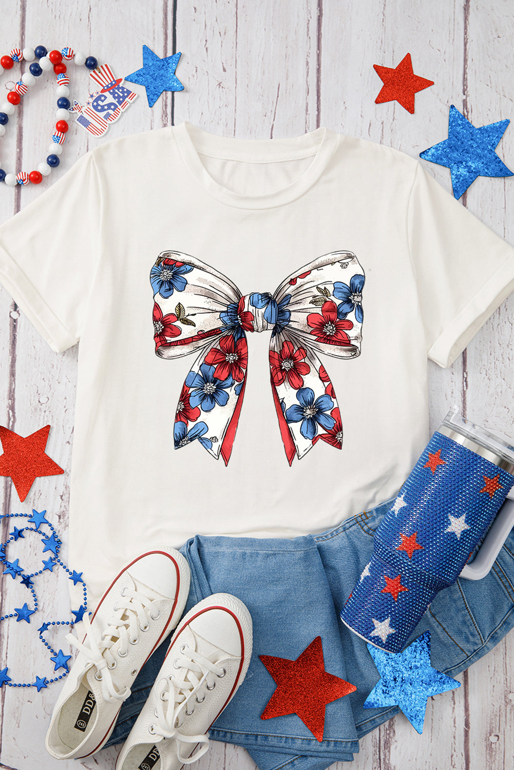 White July 4th Flower Bowknot Print Crew Neck T Shirt Graphic Tees JT's Designer Fashion