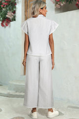 Gray Stripe Zipped up Collar Ruffled Sleeve Tee and Wide Leg Pants 2pcs Outfit Pant Sets JT's Designer Fashion