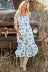Sky Blue Floral Print Shirred Knot Shoulder Sleeveless Long Dress Floral Dresses JT's Designer Fashion