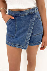 Ashleigh Blue Faux Wrapped Mini Denim Skort Ashleigh Blue 72%Cotton+26%Polyester+2%Elastane Denim Shorts JT's Designer Fashion