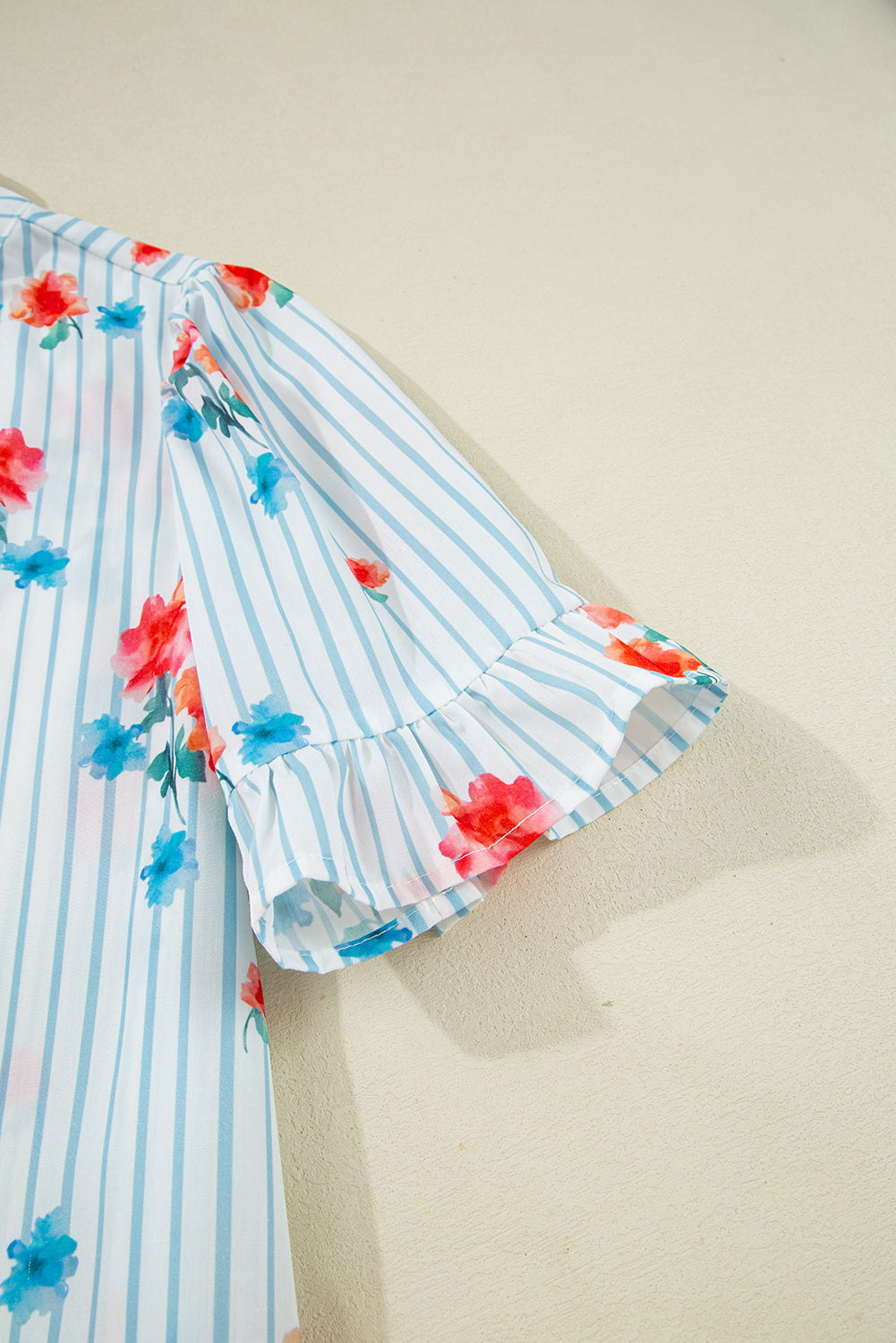 Sky Blue Stripe Floral Pattern Ruffle Short Sleeve Belted Mini Dress Dresses JT's Designer Fashion