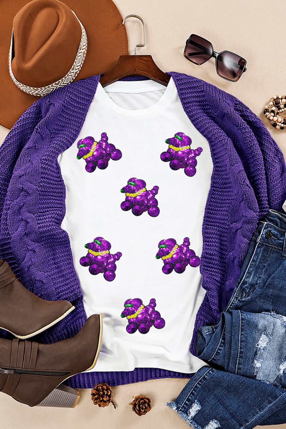 White Sequin Balloon Puppy Graphic Mardi Gras Tee Graphic Tees JT's Designer Fashion