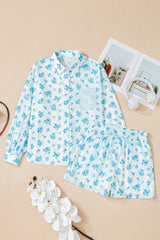 Sky Blue Floral Striped Print Contrast Patched Pocket Shirt and Shorts Set Short Sets JT's Designer Fashion