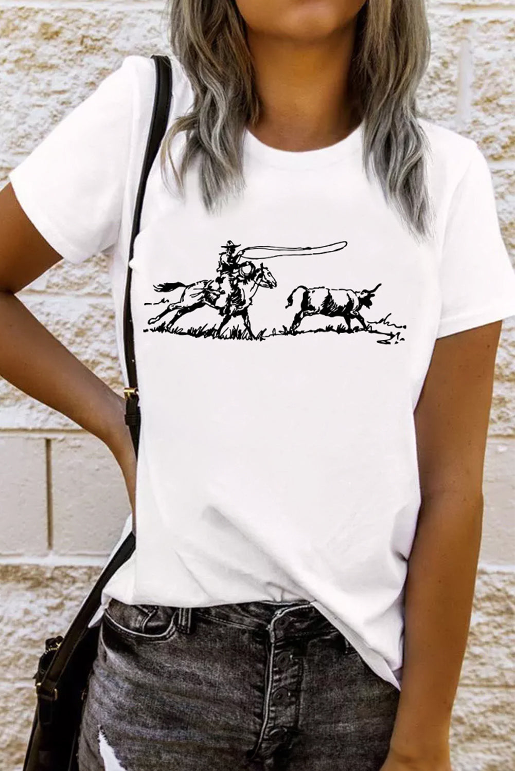 White Western Rodeo Graphic Casual T Shirt Graphic Tees JT's Designer Fashion