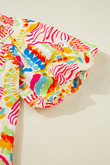 Orange Abstract Printed Shirred Bubble Half Sleeve V Neck Blouse Blouses & Shirts JT's Designer Fashion