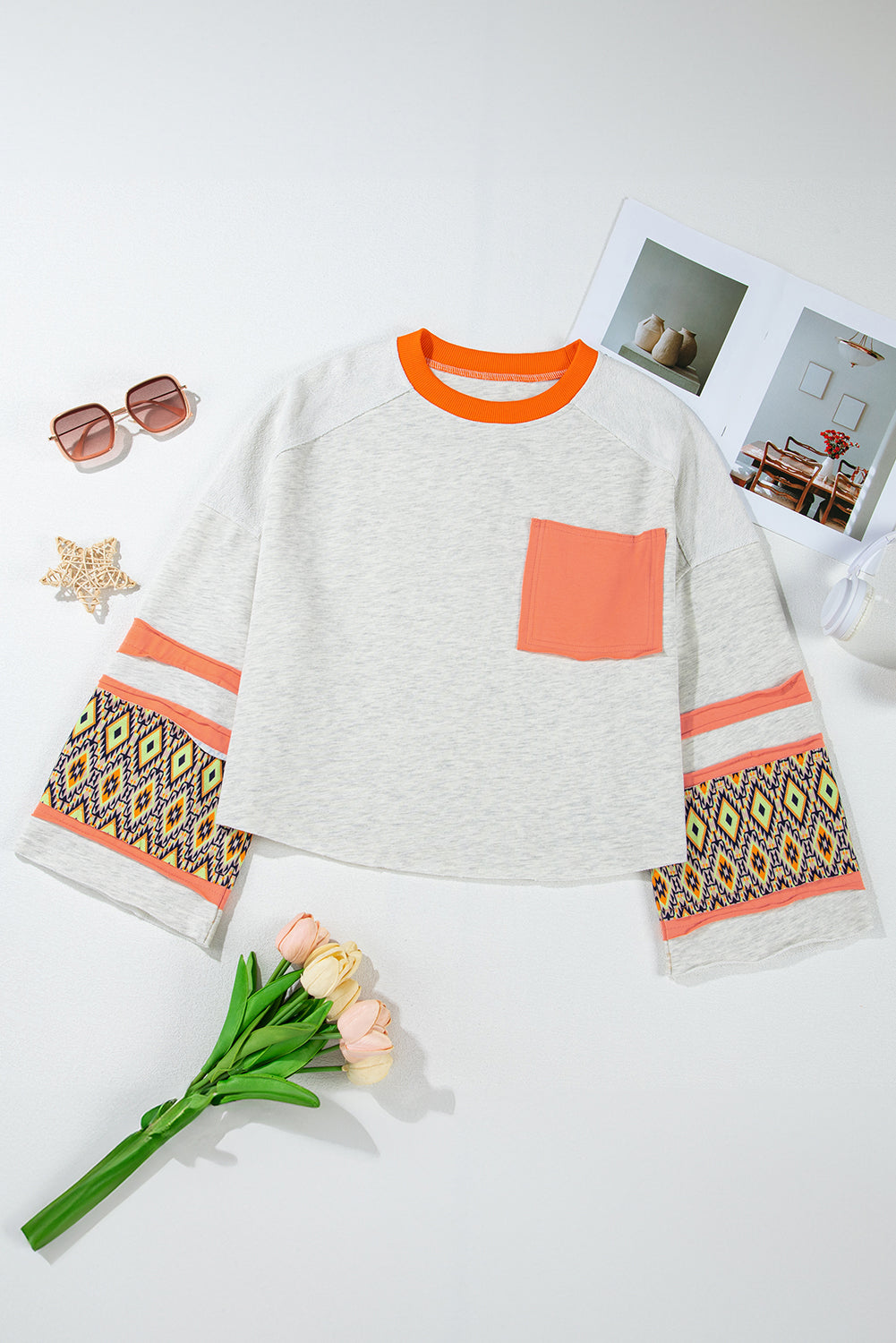 Apricot Western Aztec Patch Mineral Wash Loose Fit Top Long Sleeve Tops JT's Designer Fashion