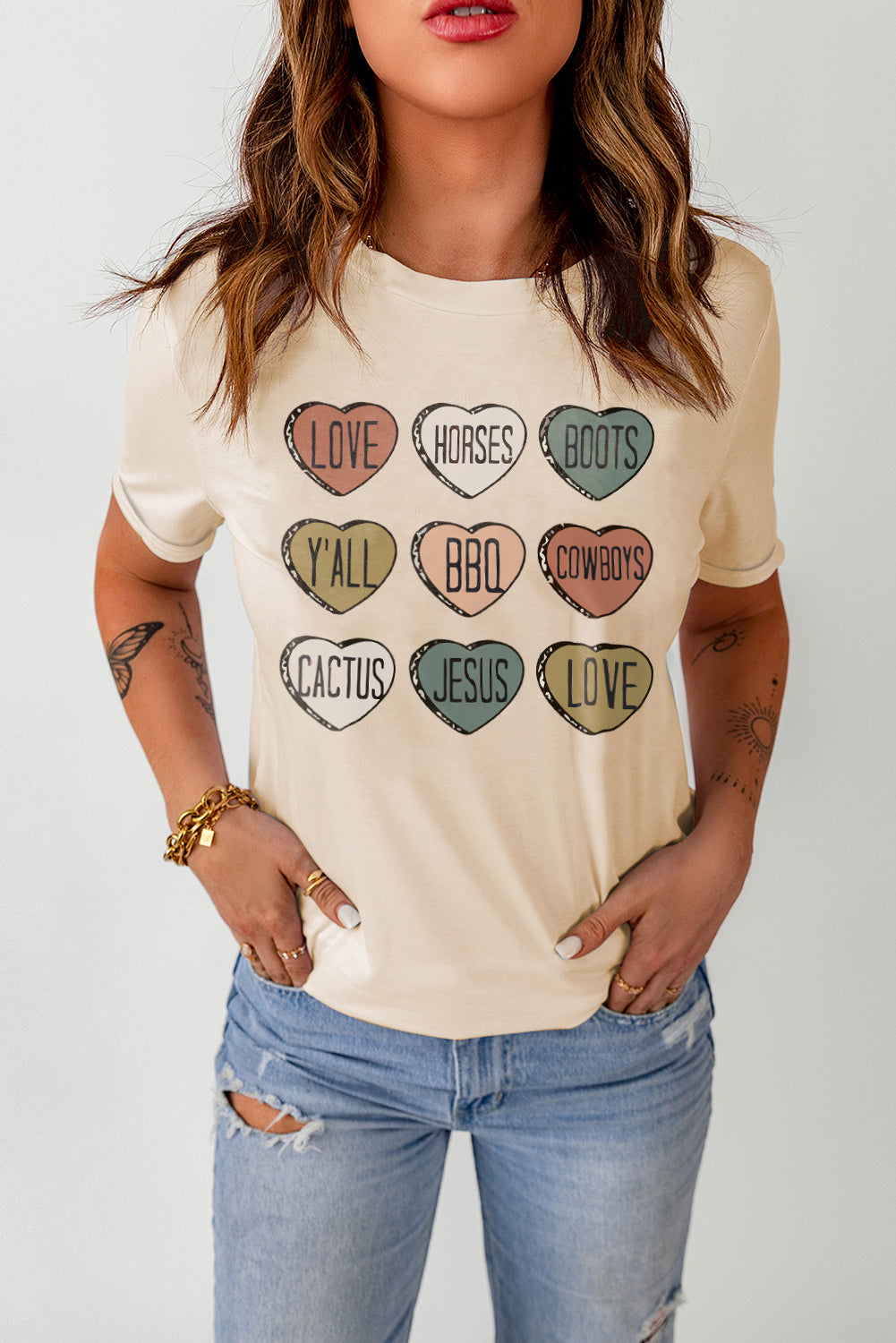Khaki Heart Shaped Graphic Cowgirl T Shirt Graphic Tees JT's Designer Fashion