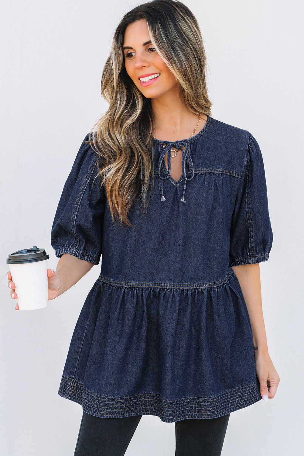 Sail Blue Puff Sleeve Lace-up Neckline Splicing Denim Blouse Sail Blue 82%Cotton+10%Polyester+8%Viscose Blouses & Shirts JT's Designer Fashion