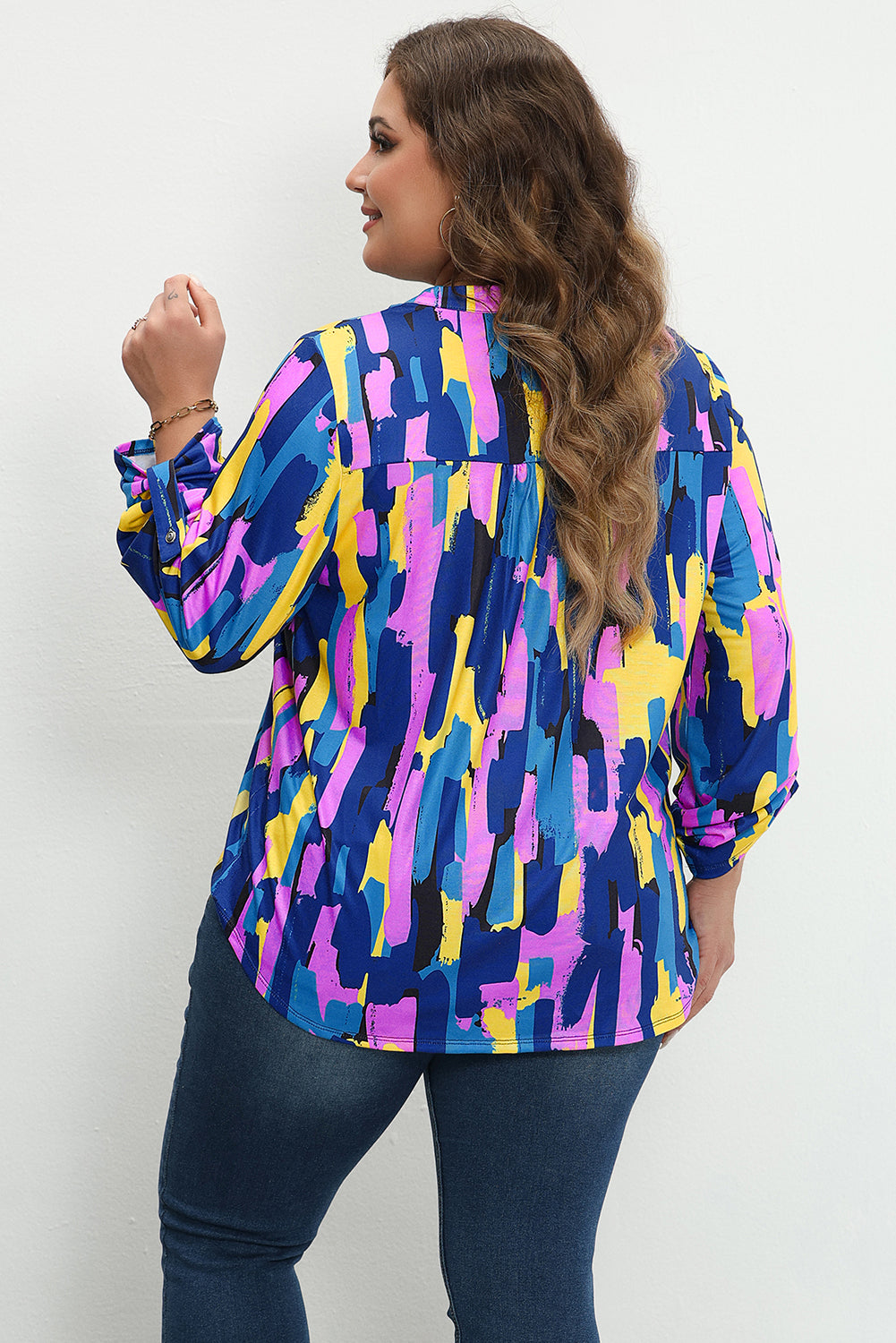 Blue Brushstroke Print 3/4 Sleeve Plus Size Blouse Plus Size JT's Designer Fashion