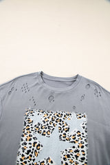 Medium Grey Stars Leopard Graphic Distressed Tee Graphic Tees JT's Designer Fashion