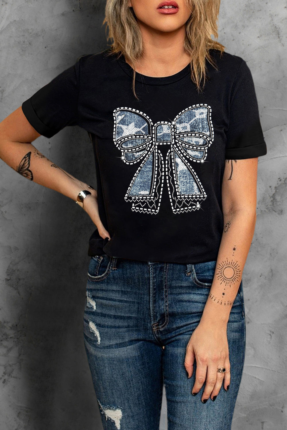 Black Rhinestone Bowknot Graphic Crewneck T Shirt Graphic Tees JT's Designer Fashion