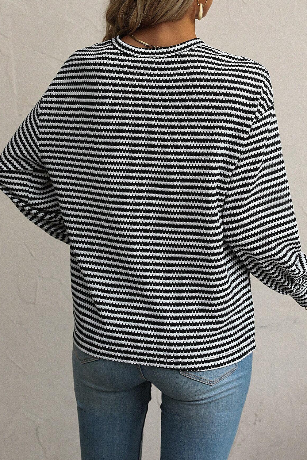 Black Stripe Round Neck Drop Shoulder Long Sleeve Top Long Sleeve Tops JT's Designer Fashion